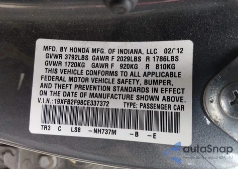 2012 Honda Civic Ex-L z USA, uszkodzony, nr VIN 19XFB2F98CE337372